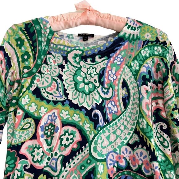 Talbots XS Paisley Cotton Knit Long Sleeve Crew Neck Sweater Pink Green Black - Picture 4 of 5